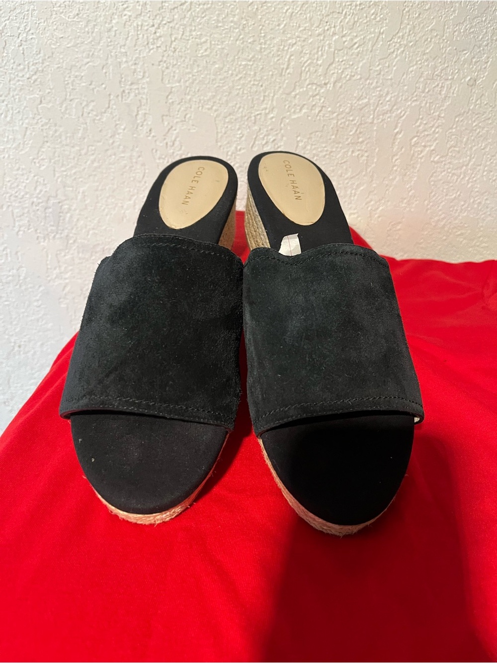Cole Haan Black Suede Espadrille Slide Wedges